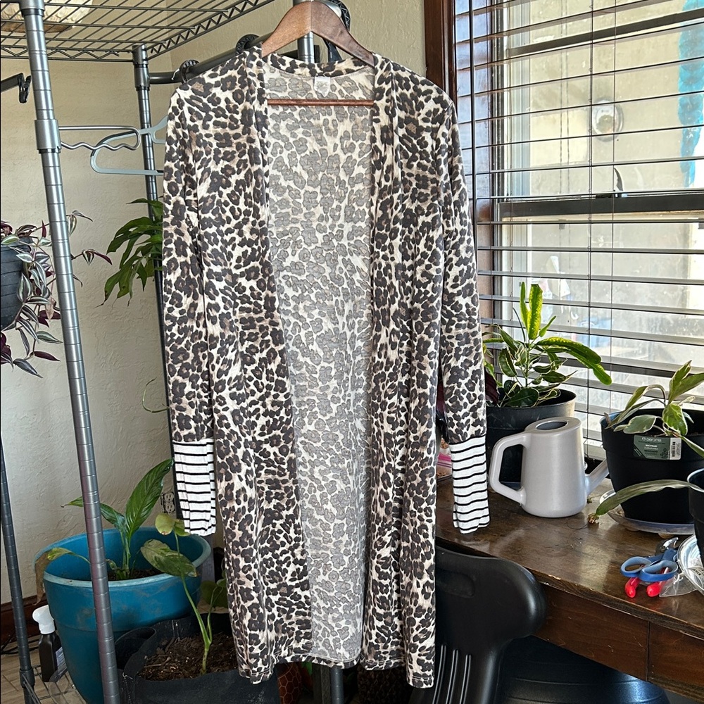 Leopard Print Cardigan with Striped Cuffs